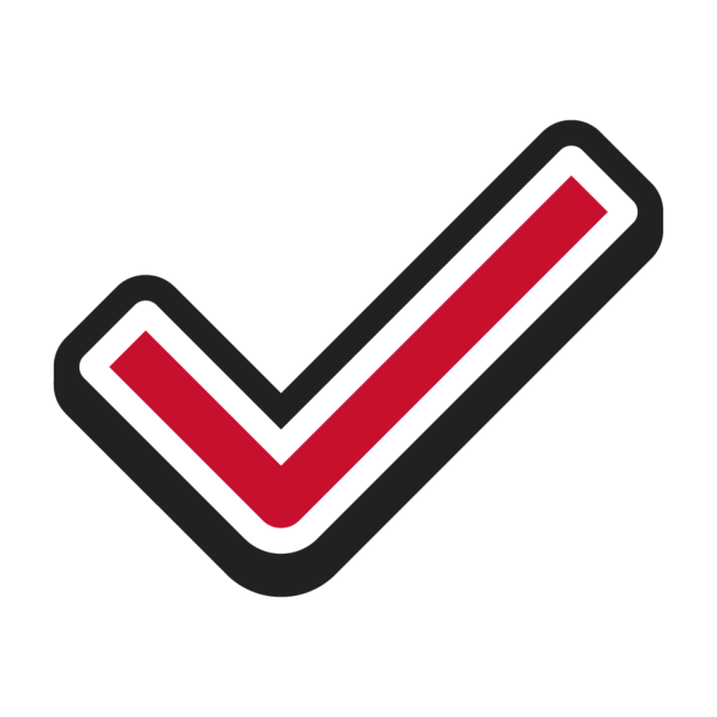 A bold red checkmark with a black and white border on a transparent background, symbolizing a positive affirmation or completed task.