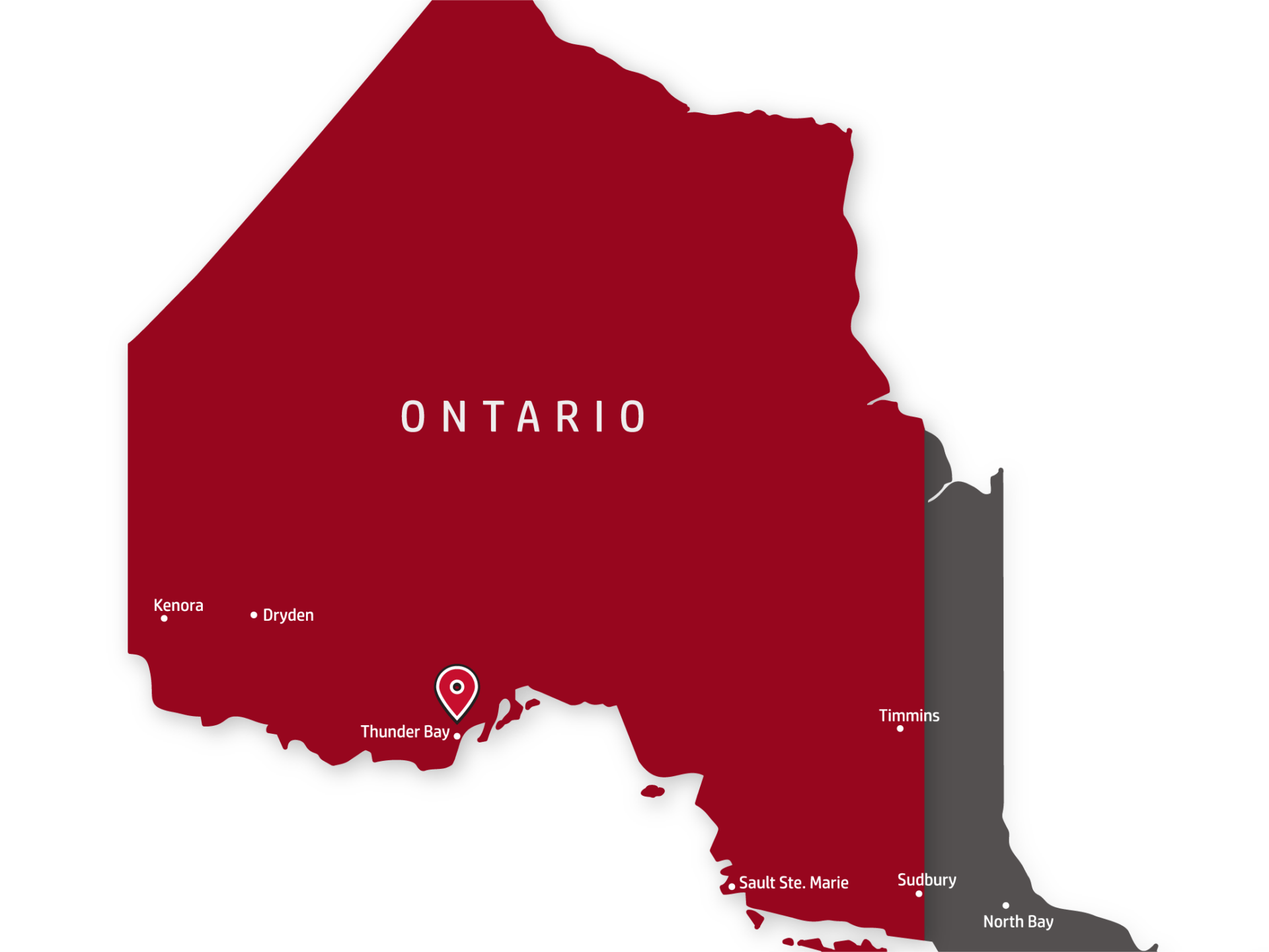 Map highlighting Northern Ontario in red, showing cities like Thunder Bay, Kenora, and Sault Ste. Marie. A pin marks Thunder Bay.