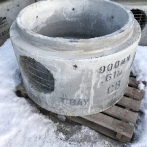 Concrete cylindrical structures stacked on a snowy ground, with visible industrial markings, resting on wooden pallets. Heavy-duty construction site elements.